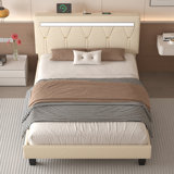 Santrese Upholstered Platform Bed Frame with Modern Headboard, Charging Station, No Box Spring Needed