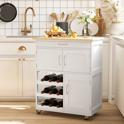 Îlot de cuisine mobile avec rangement pour le vin et maniabilité - caractéristique accessible en blanc