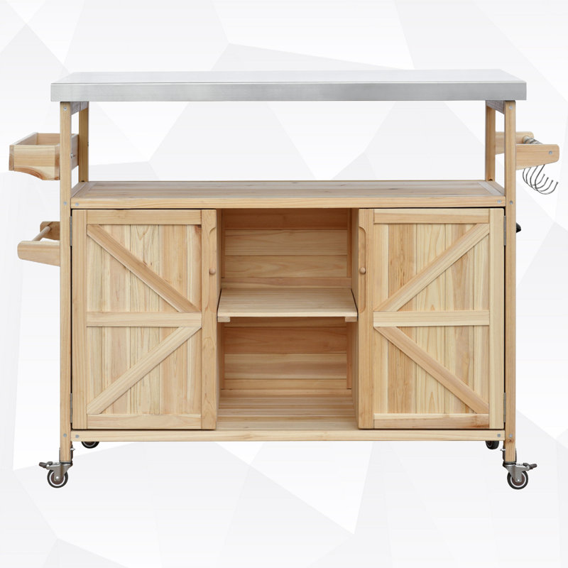 Îlot de cuisine extérieur avec plateau en acier inoxydable et 2 armoires de rangement, Gris clair
