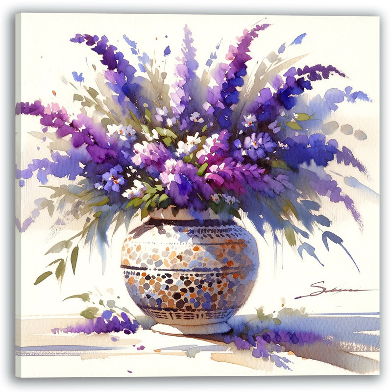 «Graceful Lavender Arrangement in Mosaic Vase», œuvre d'art sur toile tendue, H 30 po x l 30 po x P 1,5 po