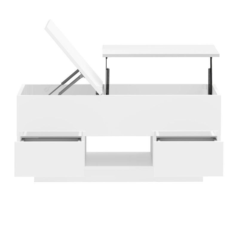  Modern Retangular Lift Top Storage Coffee Table With LED Lights & Power Outlets, White