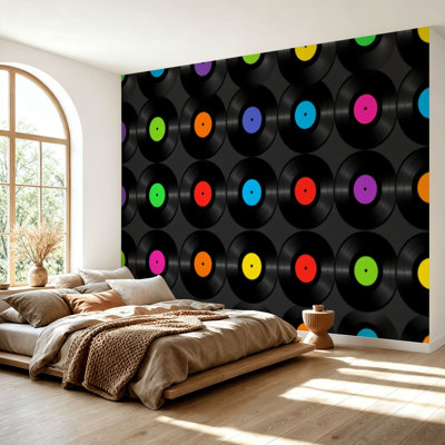 Wall Mural Peel and Stick Wallpaper Simple geometric seamless vinyl records Vintage musical Self-Adhesive Removable Contact Paper Wall Decor for Living Room Bedroom 69"H x 96"W