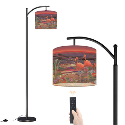 Lampe sur pied à arc avec abat-jour réglable flamants roses, sable sur pied, fleurs tropicales, lampe sur pied, 3 températures de couleur, intensité variable, grand mât avec interrupteur au pied pour la chambre à coucher