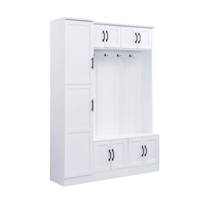Multi-functional Hall Tree with Shoe Storage, Entryway Bench, Cabinets, Coat Hooks and Adjustable Shelf for Home Organization