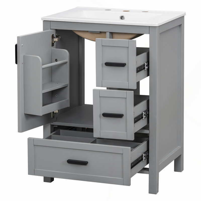 Modern 24-inch Bathroom Vanity with Ceramic Sink, Soft-Close Door, and Ample Storage for Small Spaces, Grey