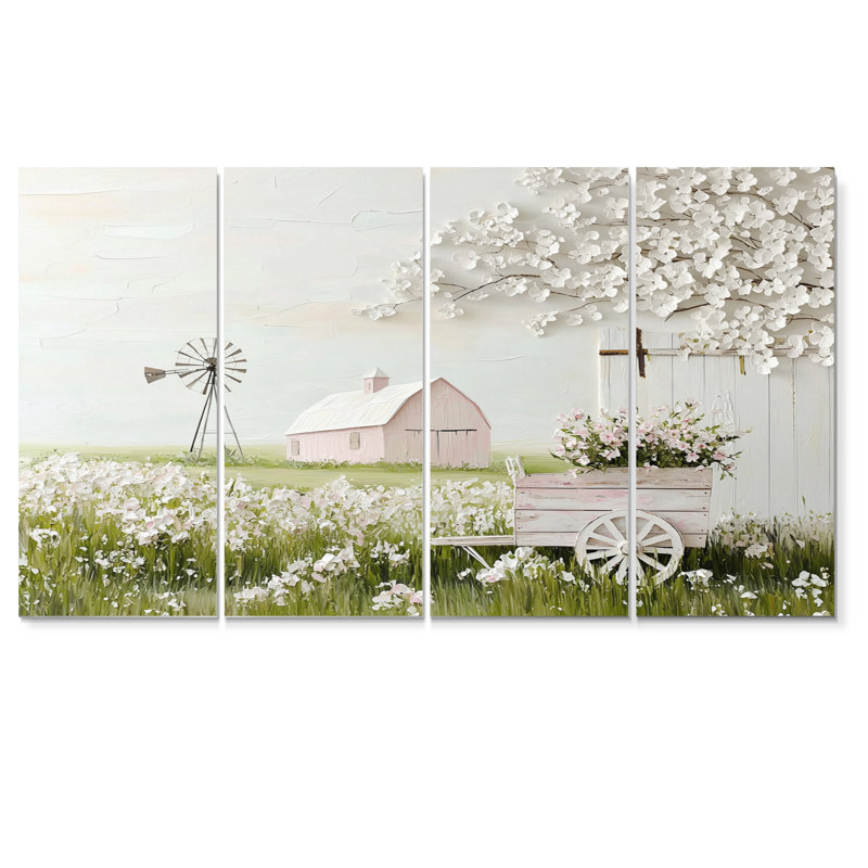 Paysage de ferme dans des tons de rose et de vert III - ensemble d'art sur toile, H 32 po x l 64 po