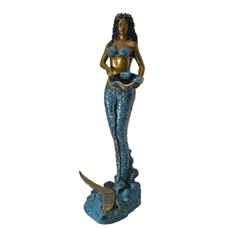 Fontaine de couleur sirène Alysia tenant une coquille couleur bronze - Taille: 18 po x 19 po x H 46 po.