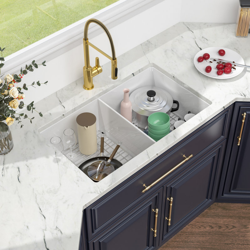  32'' L x 19'' W 50/50 Ceramic Double Bowl Drop-in/Undermount Dual-mount Kitchen Sink with Sink Grid and Gold Basket Strainer