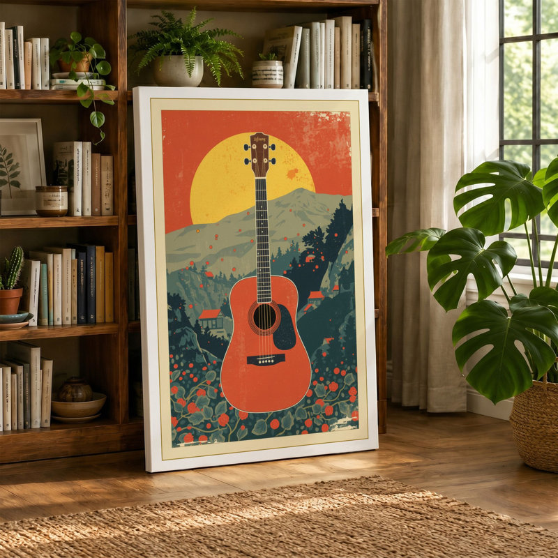 Guitar and Sun Retro - Wrapped Canvas, 18x12 - 45.7 x 30.5 cm, Cream Border