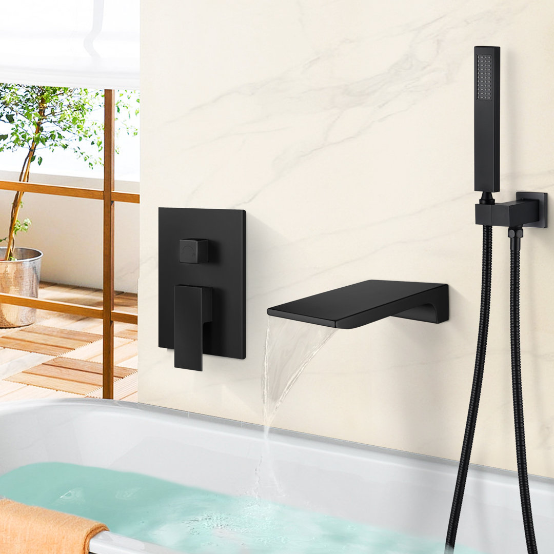Solid Brass Wall-Mount Waterfall Bathtub Faucet with Hand Shower, Anti-Scald Pressure Balance Valve EVERSTEIN 