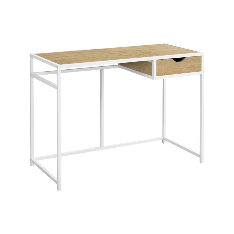 Bureau d'ordinateur, bureau personnel, ordinateur portable, tiroir de rangement, L 42 po, travail, stratifié naturel, métal blanc, contemporain, moderne