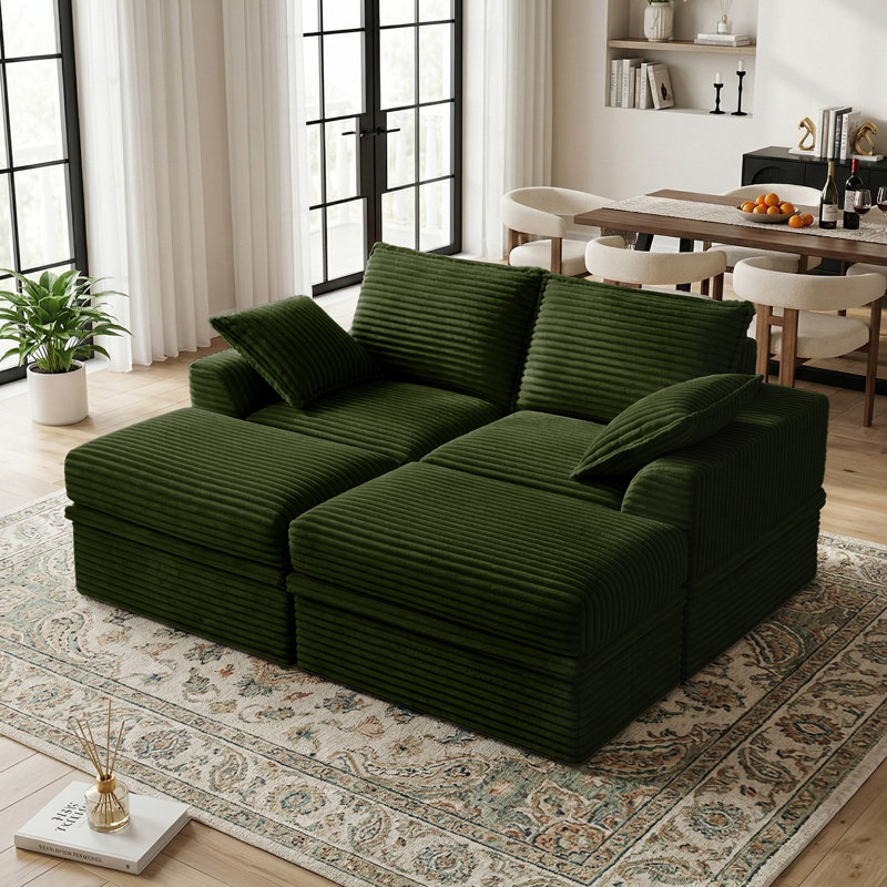 Boneless Oversized Corduroy Sectional Loveseat Sleeper Sofa, 4-Piece Modular Couch with Storage, 2 Ottomans & 2 Pillows for Living Room & Apartment, Easy Assembly Required