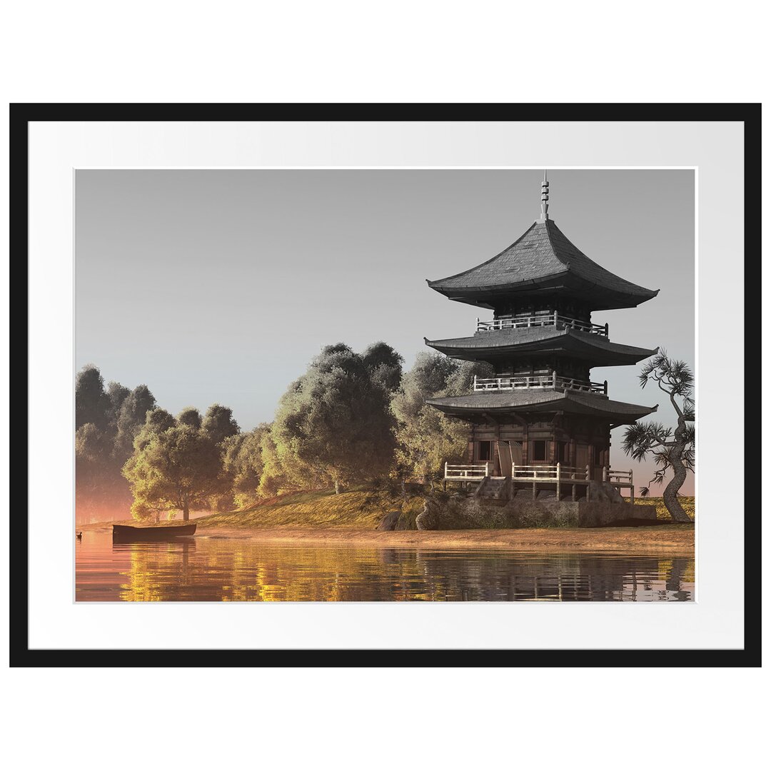 Gerahmtes Poster Asiatischer Tempel an See