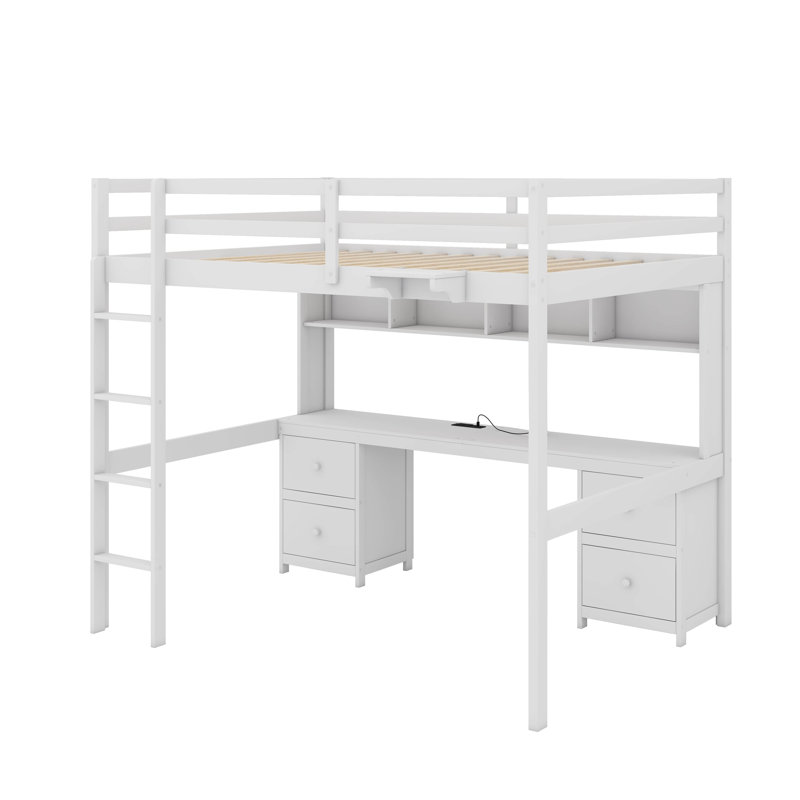 Lit mezzanine double avec bureau, armoires, tiroirs et station de charge