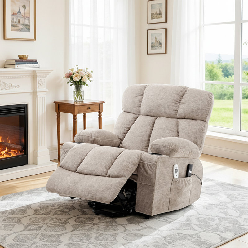 92cm Wide Chenille Wall Recliner Standard Recliner with Massager, Brown