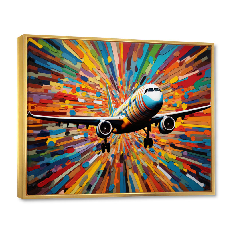 Plane Colorful Whimsical Takeoff, reproduction d'art sur toile, H 30 po x l 40 po, Cadre flottant doré