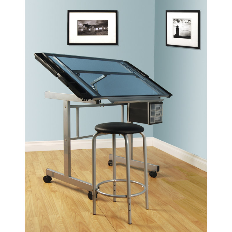 Couto Adjustable Height Glass Steel Drafting Table, Silver