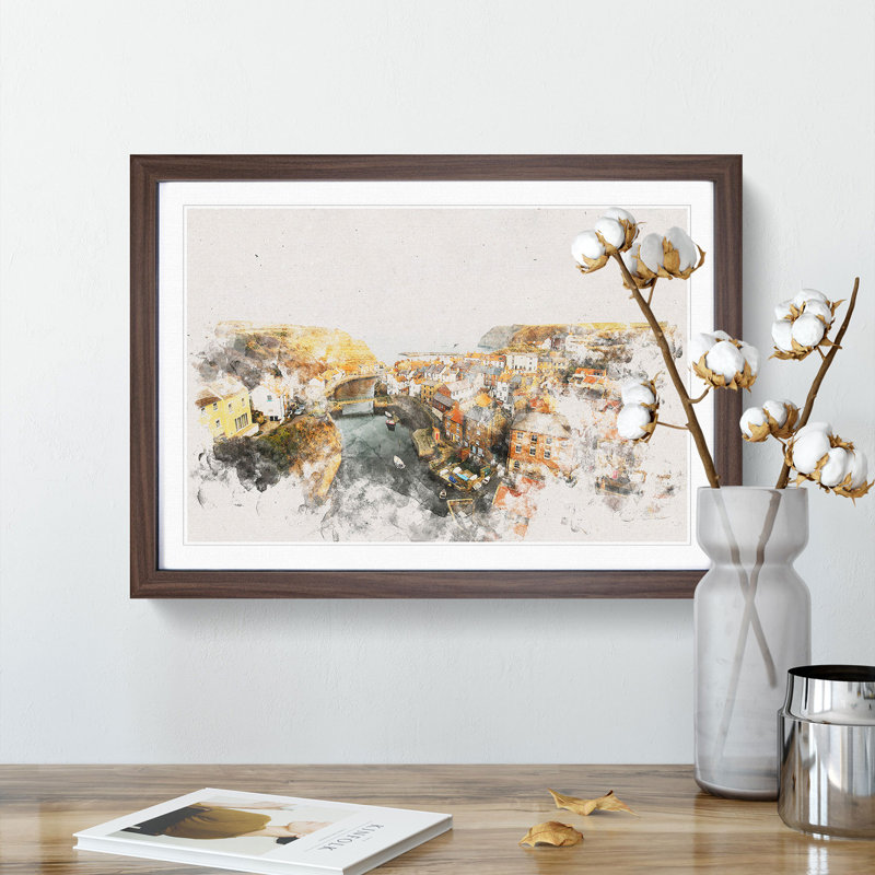 Staithes in North Yorkshire - Picture Frame Graphic Art Print, 62cm H x 87cm W x 2cm D, Walnut Framed