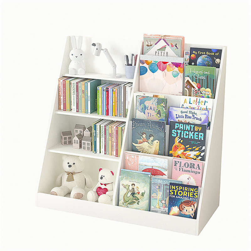 Bibliothèque et organisateur de rangement de jouets, bibliothèque en bois multi-fonctionnelle à quatre couches avec support de présentation