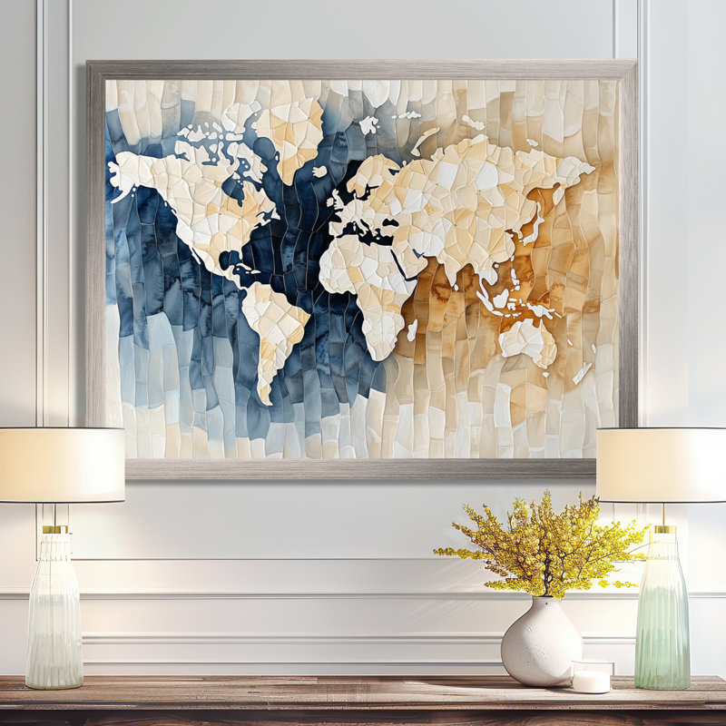 «World Map Watercolors I», impression d'art sur carte du monde, H 16 po x l 32 po, Argent argent