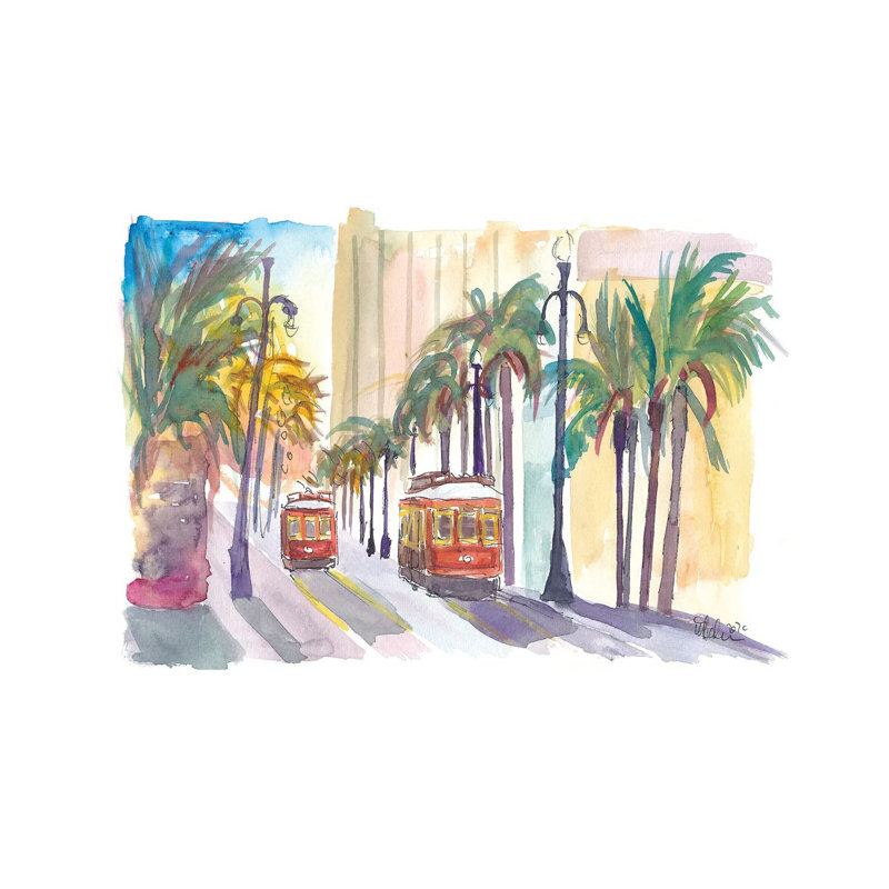 Street Cars In New Orleans Louisiana With Palms by Markus & Martina Bleichner - Wrapped Canvas Gallery-Wrapped Canvas Giclée