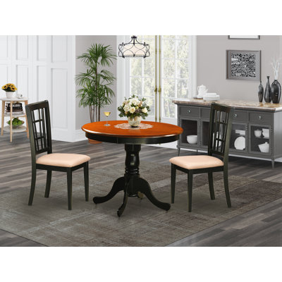 L'ensemble de table de salle à manger 3 pièces pour petits espaces comprend une table de cuisine ronde avec piédestal et 2 chaises rembourrées en tissu de lin, 36 po x 36 po, noir et cerise