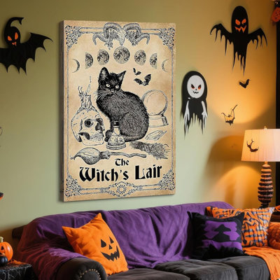 Art d'Halloween sur toile, chat noir et crâne, affiche de l'horreur du repaire de sorcière, photo rétro, décoration murale gothique, impressions encadrées pour le salon, la chambre, le bureau, 16 x 24 po