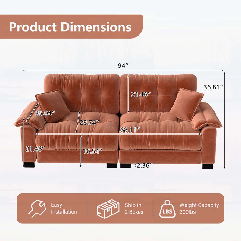 Canapé moderne plissé en chenille 3 places 94 pouces avec support à ressorts durable et coussins en mousse épais