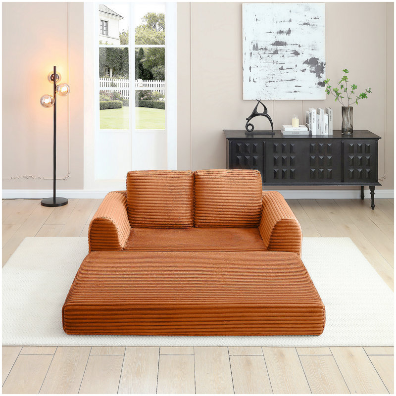 Canapé-lit pliant convertible 2-en-1, canapé-lit en velours côtelé moderne avec 2 * oreillers, ensemble de canapé modulaire rembourré et désossé avec lit escamotable Futon, canapé modulaire pliable pour le salon orange