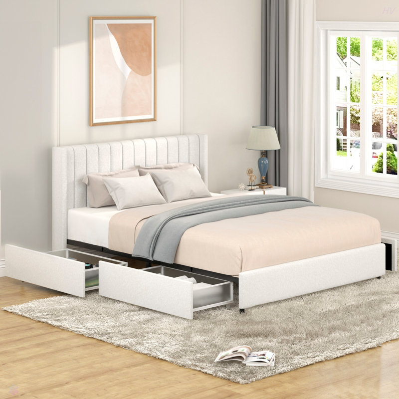 Lit plateforme tapissier Boucle avec rangement breveté à 4 tiroirs, tête de lit capitonnée, sommier à lattes en bois