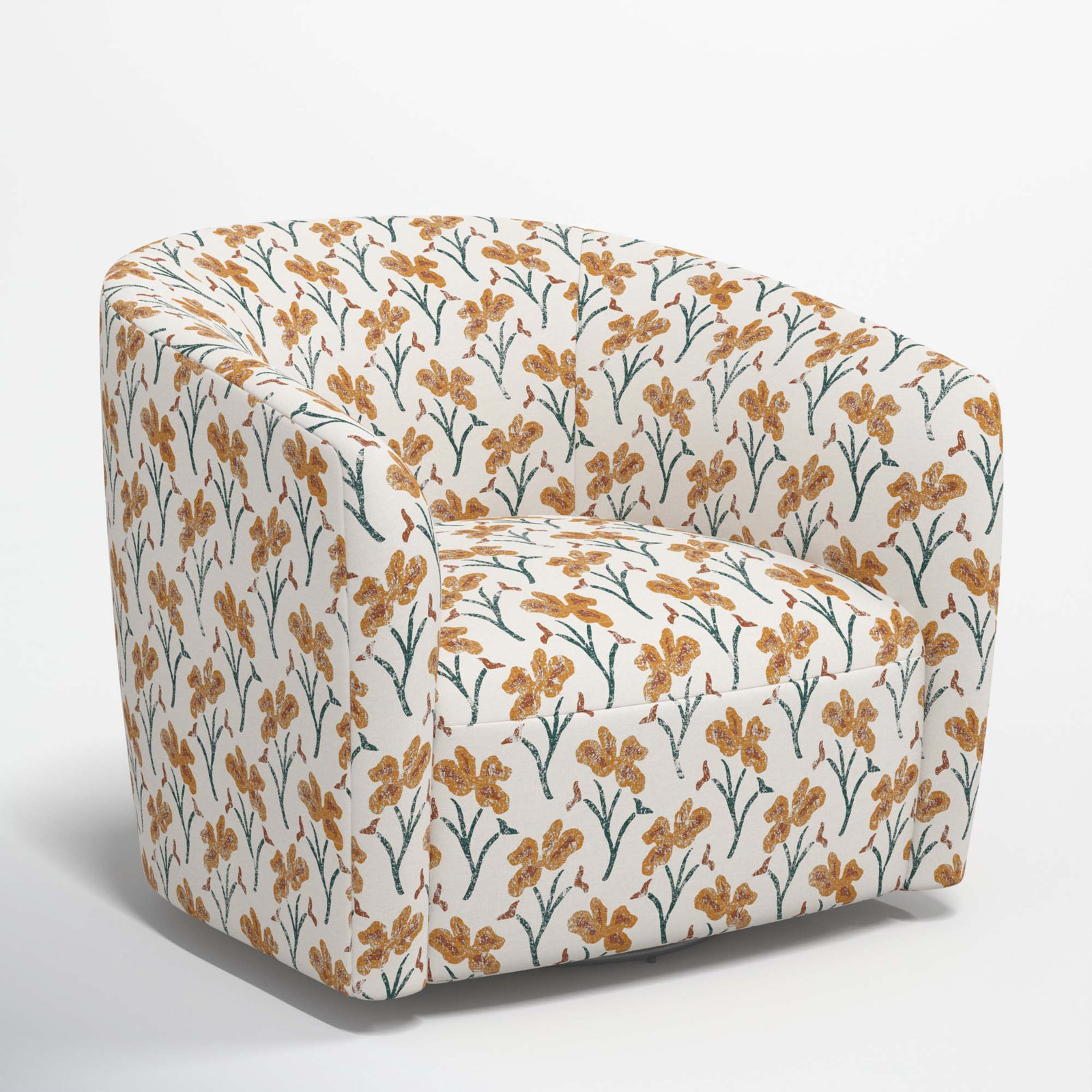 Marita Swivel Barrel Chair, Vanves Floral Ochre Teal