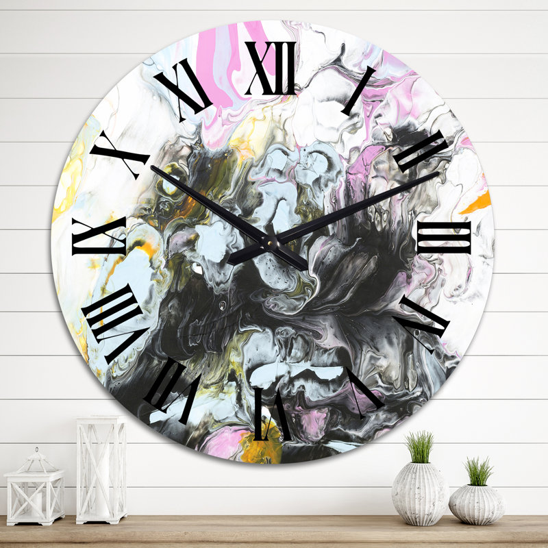 Noir et rose sur blanc - horloge murale moderne, Moyen