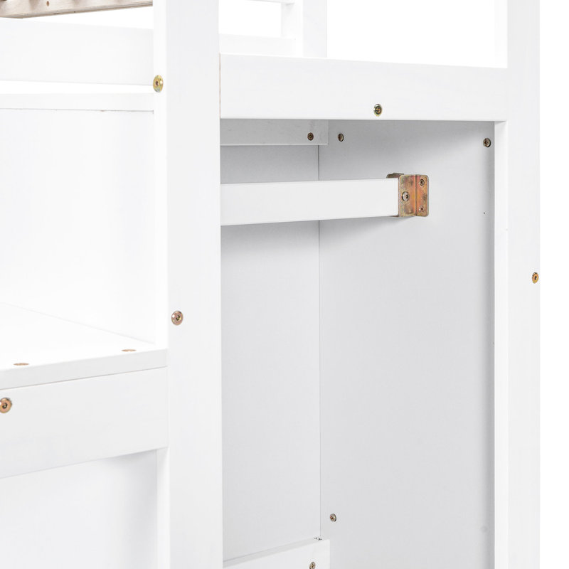 Lit mezzanine blanc avec garde-robe et escalier intégrés - Fabrication en pin pour rangement pleine grandeur dans une chambre à coucher