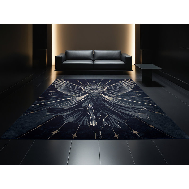 Tapis chic et luxueux lavable à la machine à motif ange Warrior en gris - reliure marine, 5 x 8