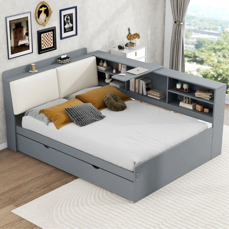 Cadre de lit moderne pour chambre à coucher, chambre d'amis, lit plateforme avec tête de lit, lit gigogne et tablettes, Gris