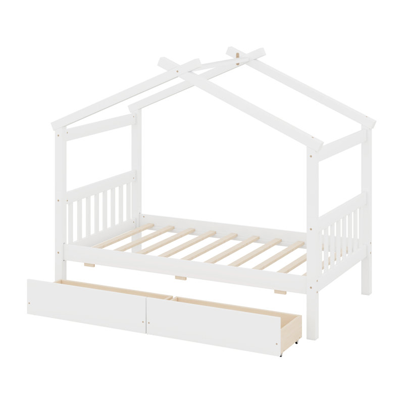 Lit en bois avec tiroirs, Blanc