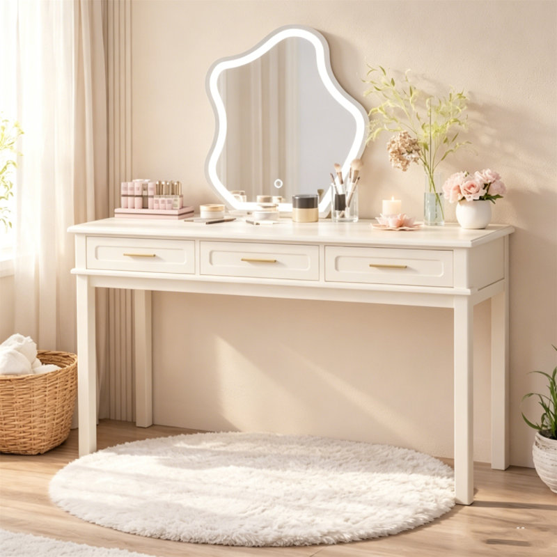 Bureau de coiffeuse à 3 tiroirs crème blanc, table de maquillage et d'écriture polyvalente pour la chambre à coucher, miroir non inclus