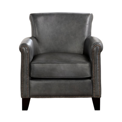 Gray Leather Accent Chair, Solid Wood Frame, Attached Back, Nailhead Trim Detail Must-Have Transitional Seat, High Foam, 55.02 Lb Weight