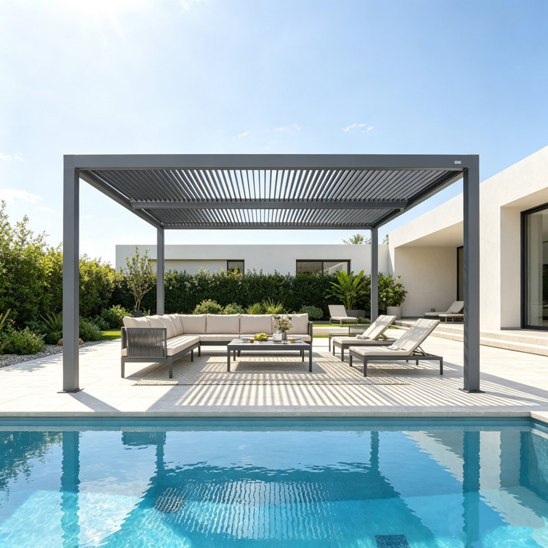 Pergola en aluminium à persiennes grise pour l'extérieur, Abri pour voiture l 10 pi. x 14 pi. po