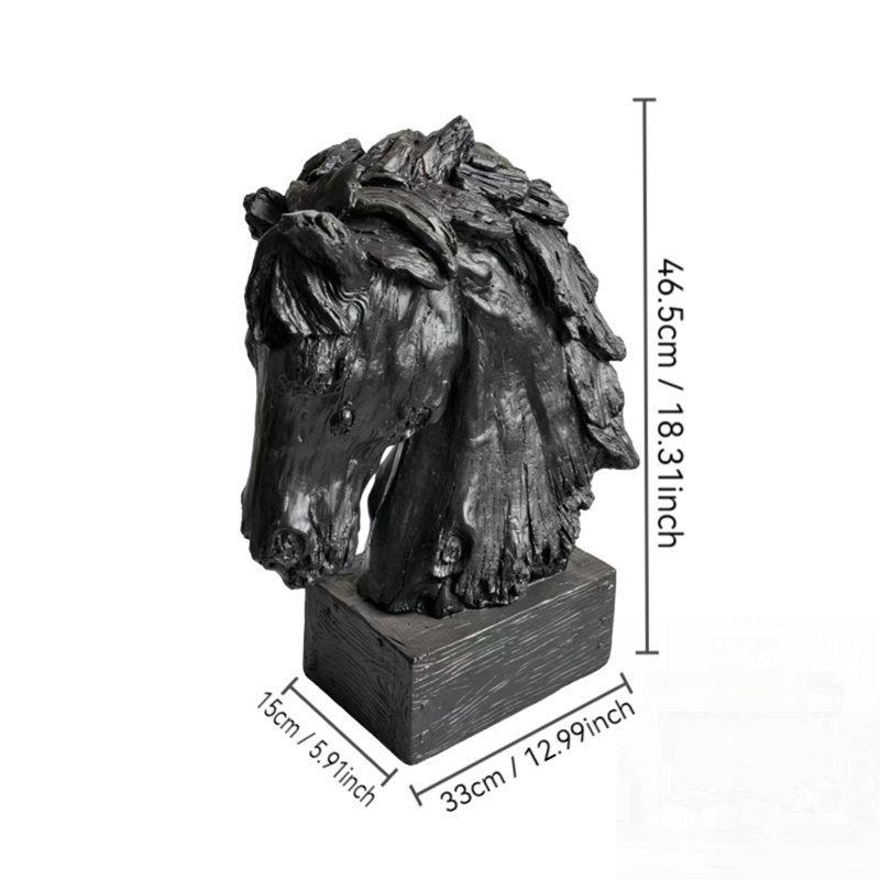 Sculpture tête de cheval rustique avec base, buste de cheval en résine de texture bois rétro pour décor de style campagnard