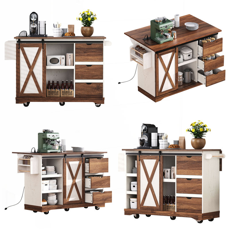 55.5-Inch Farmhouse Kitchen Island with Drop Leaf, Power Outlet, Barn Door, and Rolling Wheels for Flexible Storage and Workspace.