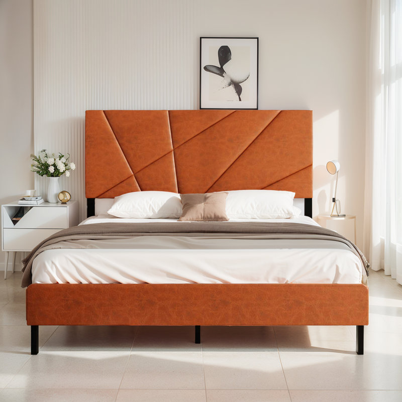 Lit plateforme tapissier en métal avec tête de lit rembourrée et rangement sous le lit, Double 