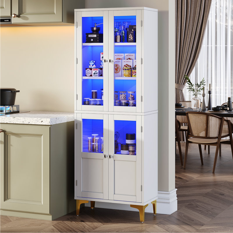 Canizales Dining Cabinet With LED Light, Art Display Cabinet with Golden Legs, White
