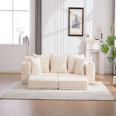 Très grand canapé sans siège à quatre places avec porte-gobelet et poches latérales, canapé-lit rembourré en velours côtelé avec 3 coussins, 2 coussins lombaires, salon, chambre à coucher, sans assemblage, matériau respirant