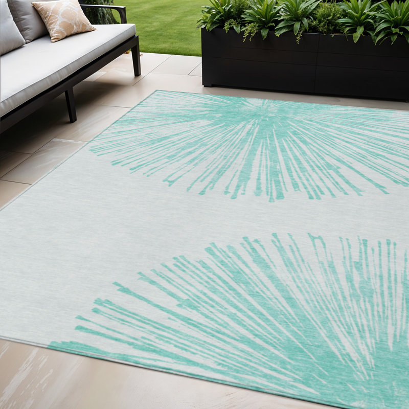 Tapis extérieur lavable abstrait aigue-marine et ivoire 5 pi x 8 pi