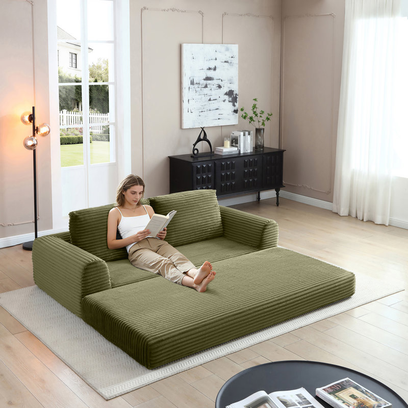 Canapé-lit convertible 2 en 1, canapé-lit moderne en velours côtelé avec 2 oreillers, canapé-lit futon modulaire rembourré sans dossier avec lit gigogne, canapé-lit modulaire pliable pour salon, vert