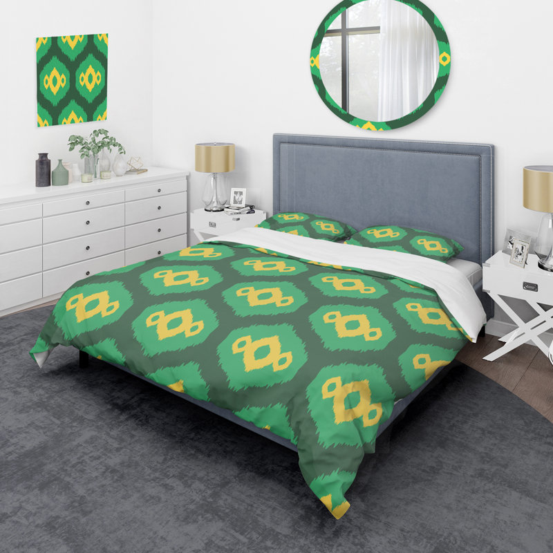 Vert et jaune Ikat Ogee - Ensemble de housse de couette abstrait - Microfibre de polyester
