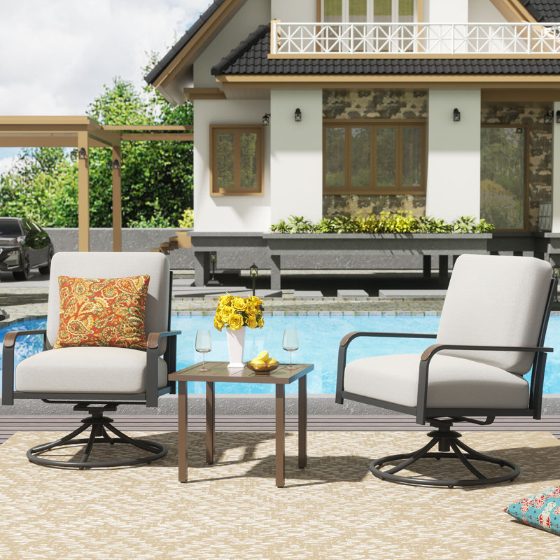 3-Piece Modern Outdoor Conversation Set with Swivel Rocking Chairs and Coffee Table, Featuring 6" Thick Cushions, No