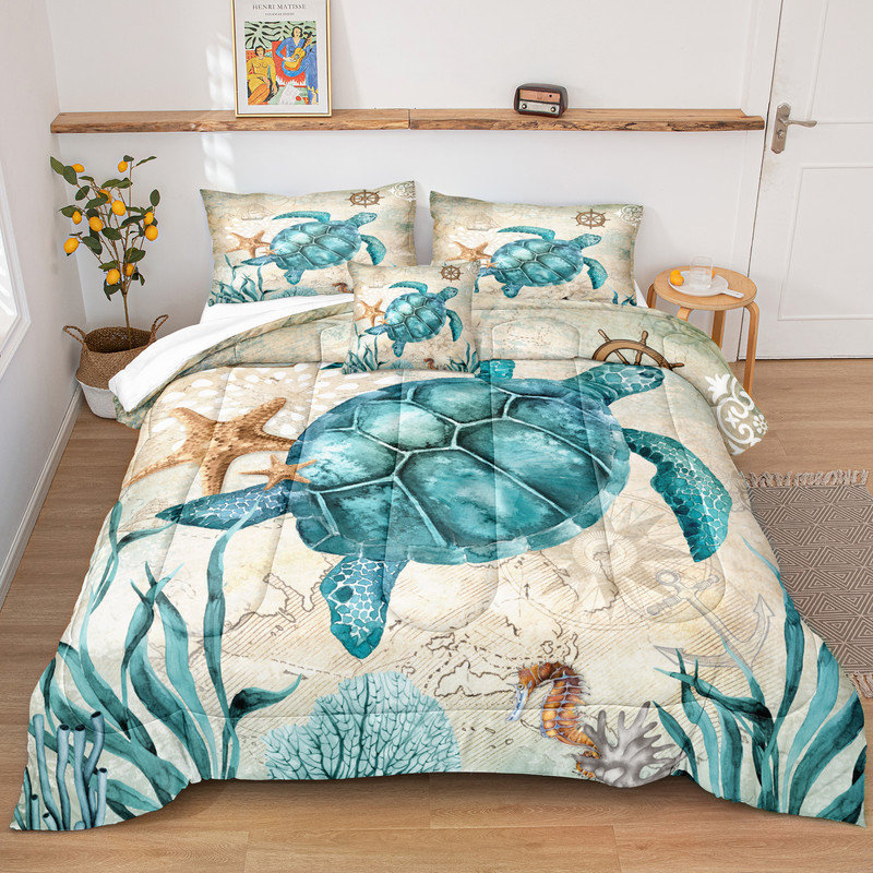 Ensemble d'édredon Turtle, Queen Comforter + 3 Pillowcases, Imprimé animal bleu sarcelle