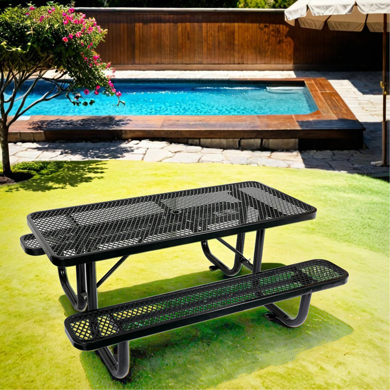 6 pi Table de pique-nique rectangulaire en acier pour l'extérieur, Noir